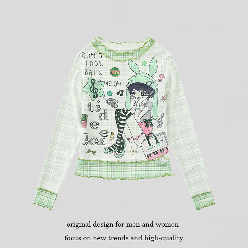 Women's Transparent Mesh Long Sleeve Shirt with Manga Print, Ruffle Hem and Check Cuffs Mune Fashion