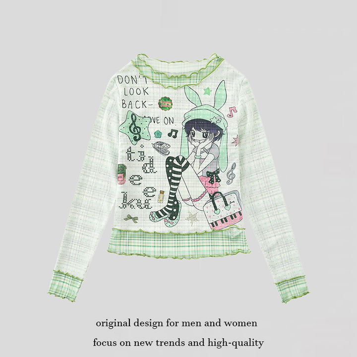 Women's Transparent Mesh Long Sleeve Shirt with Manga Print, Ruffle Hem and Check Cuffs Mune Fashion