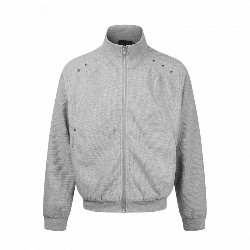 Unisex Chunky Knit Zip Bomber Jacket with Stand-up Collar, Stud Detail and Zip Pockets Mune Fashion