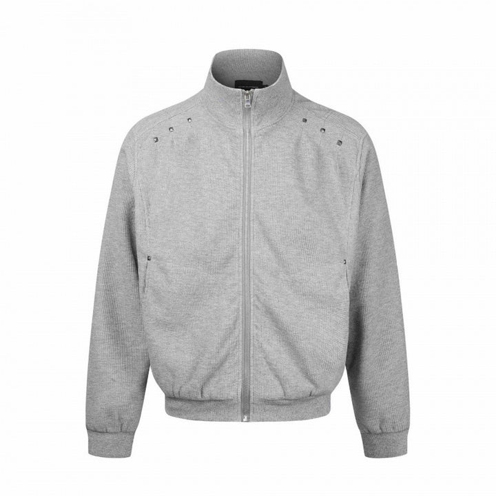 Unisex Chunky Knit Zip Bomber Jacket with Stand-up Collar, Stud Detail and Zip Pockets Mune Fashion