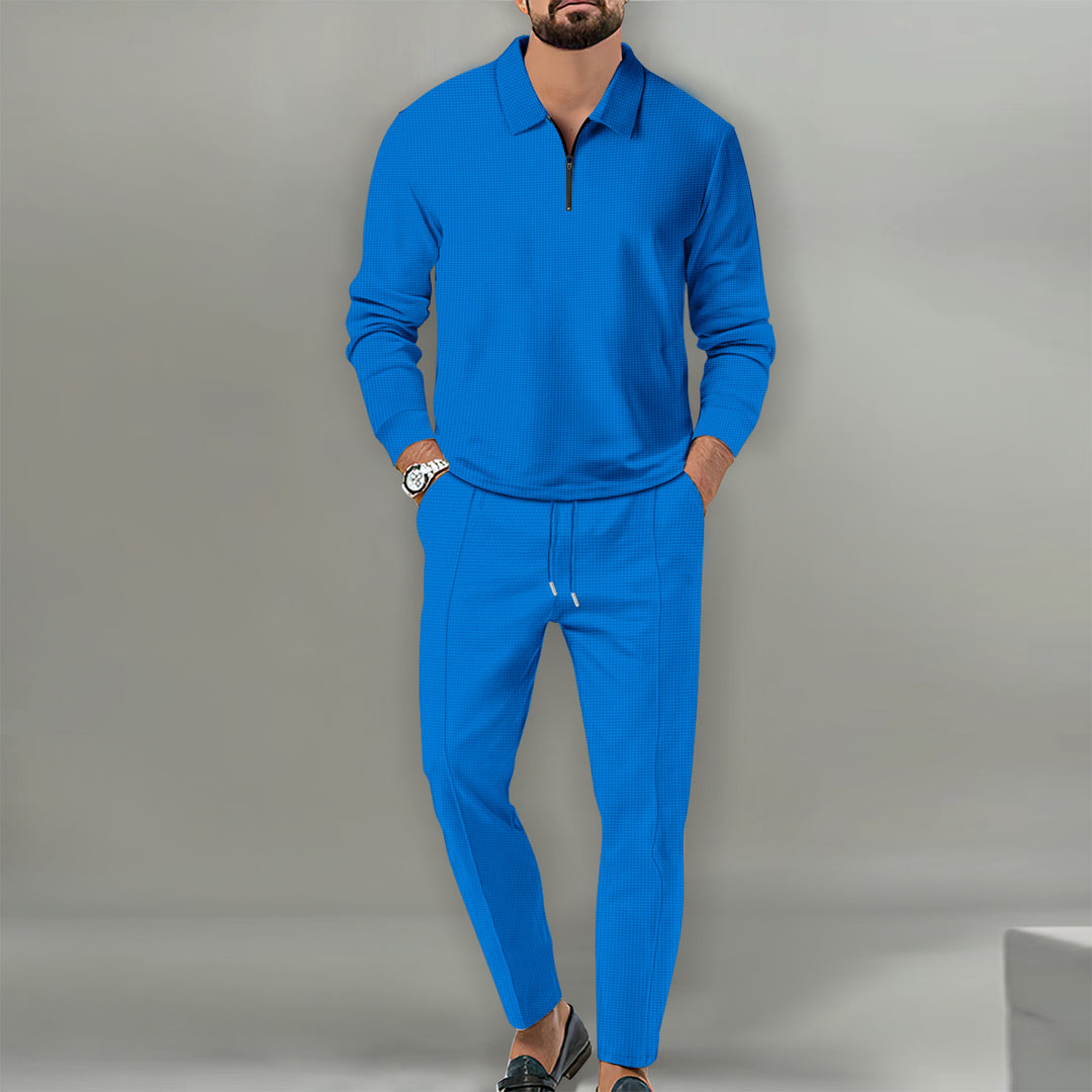 Men's Long Sleeve Henley Polo Shirt with Half Zip and Tapered Jogging Pants Mune Fashion