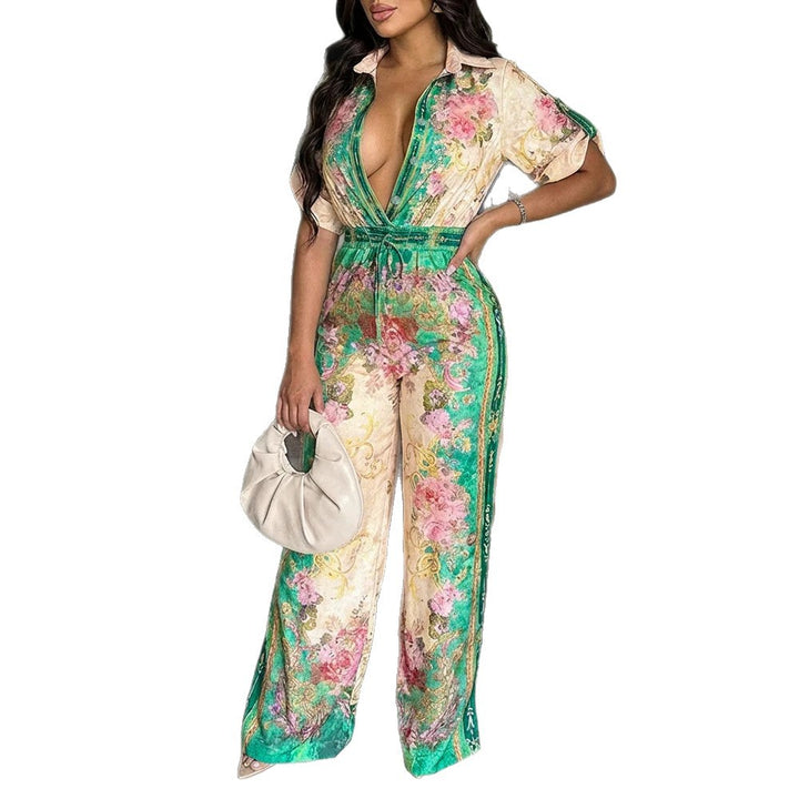 Women's satin jumpsuit with shirt collar, deep V-neck, and wide palazzo leg Drune