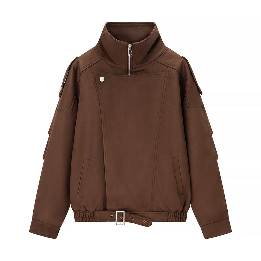 Women's Oversized Bomber Jacket in Velvet Look with High Stand-up Collar and Waist Belt Mune Fashion