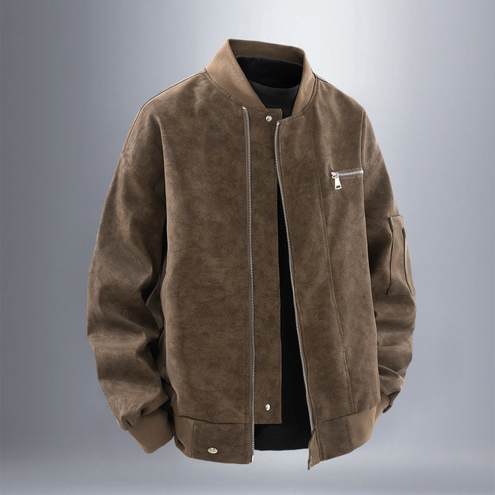 Men's Suede Look Bomber Jacket with Full Zip, Rib Collar and Utility Pockets Mune Fashion