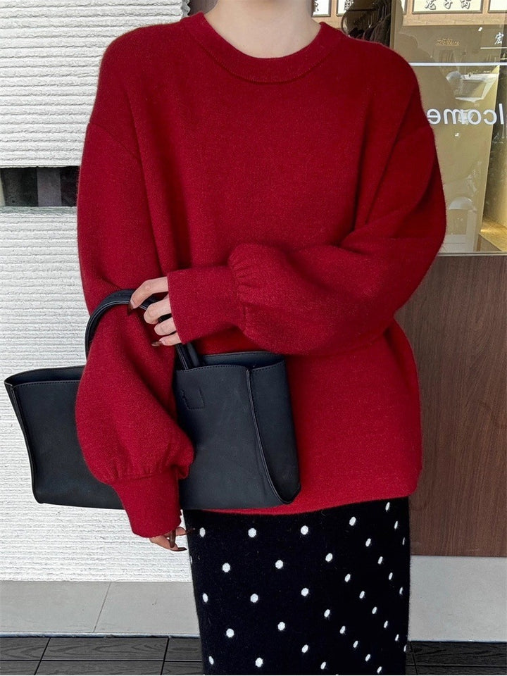 Women's Oversized Fine Knit Sweater with Balloon Sleeves and Button Cuff Mune Fashion