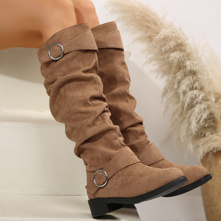 Ladies Slouch Boots with Adjustable Decorative Buckles and Suede Look Shaft Mune Fashion