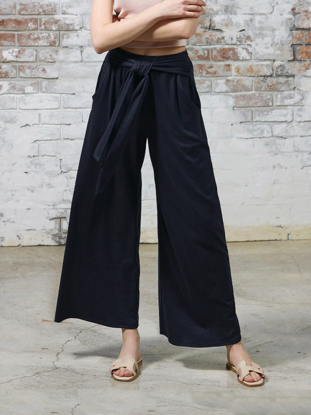Women Wide Jersey Pants with High Waist and Tie Belt Mune Fashion