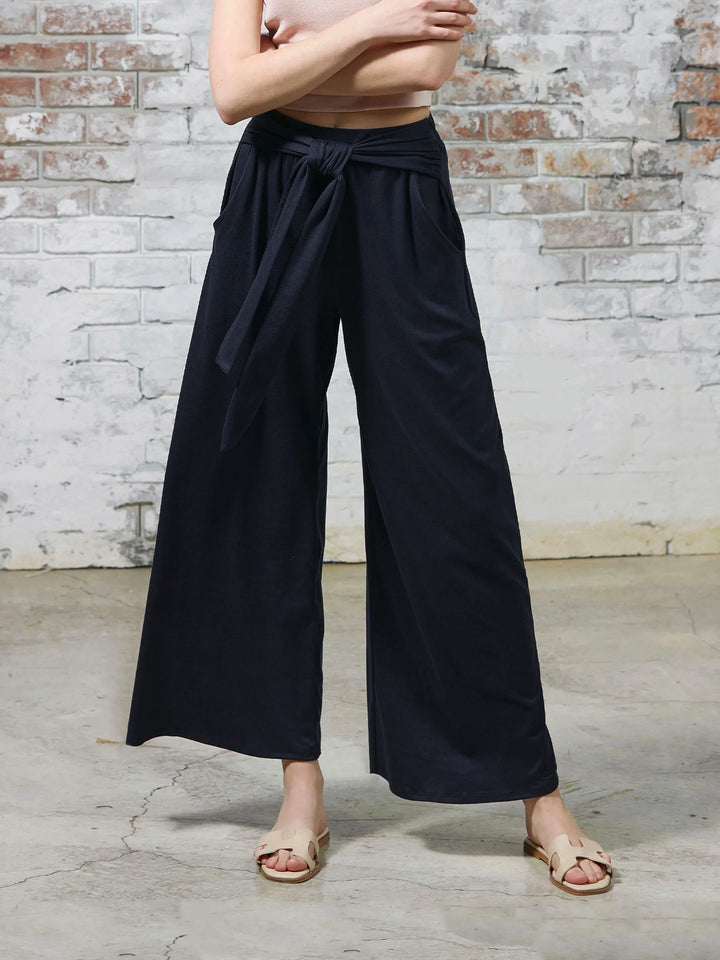 Women Wide Jersey Pants with High Waist and Tie Belt Mune Fashion