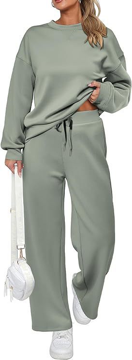 Women's two-piece French terry lounge set with oversized round neck pullover and wide high waist jogger Mune Fashion
