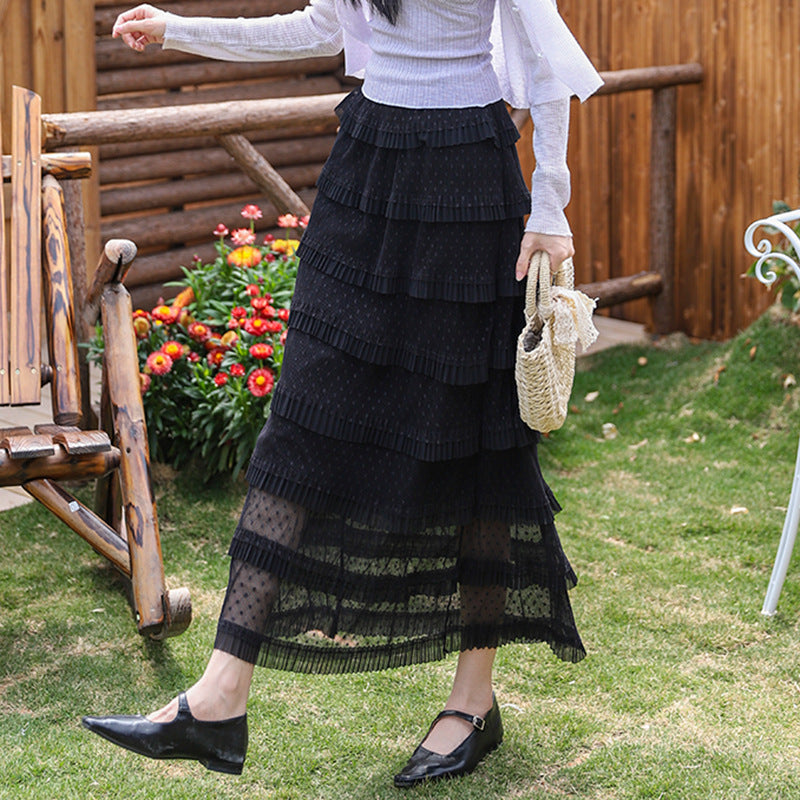 Women's multi-layered midi skirt with polka dot chiffon ruffles and elastic comfort waistband Mune Fashion