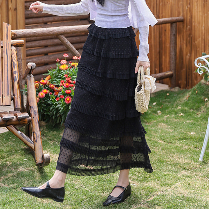 Women's multi-layered midi skirt with polka dot chiffon ruffles and elastic comfort waistband Mune Fashion