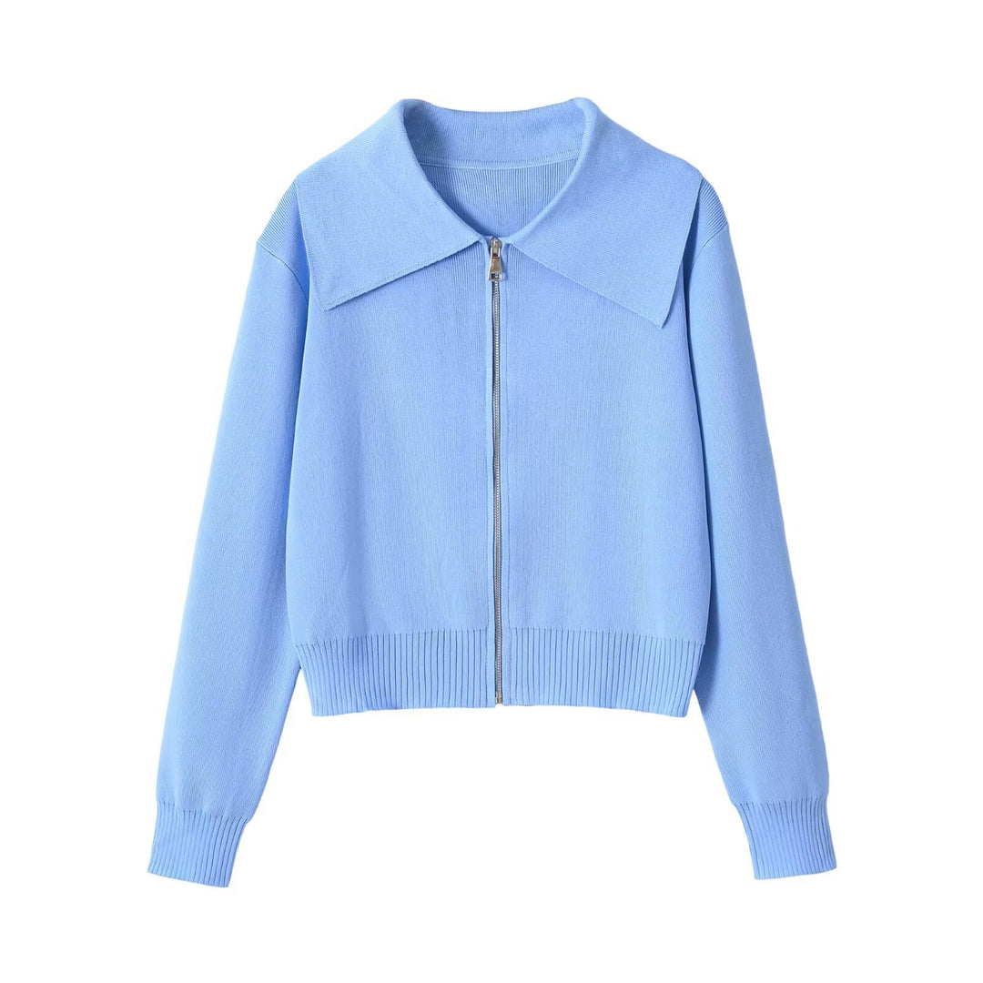 Women Short-cut Cardigan with Wide Lapel Collar and Zipper Mune Fashion