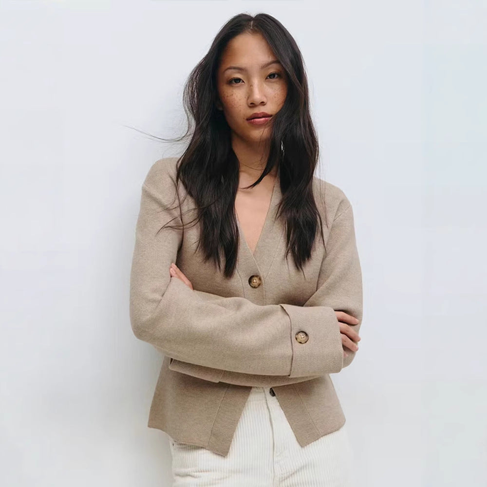 Women's Tailored Fine Knit Jacket with Deep V-Neck and Wide Cuffs Mune Fashion