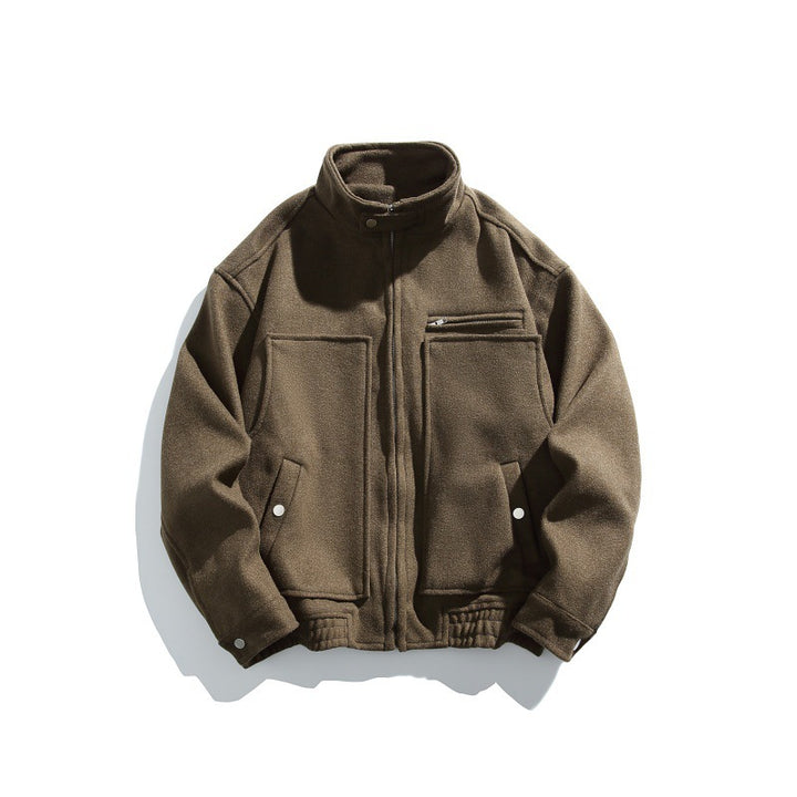 Men's short-cut boxy wool blend blouson with stand-up collar, elastic hem, and zippered chest pocket Mune Fashion