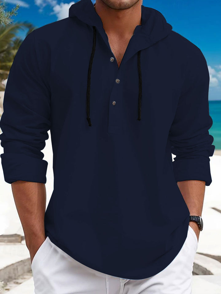Men's summer hoodie henley with hidden button placket, drawstring and rounded hem Mune Fashion