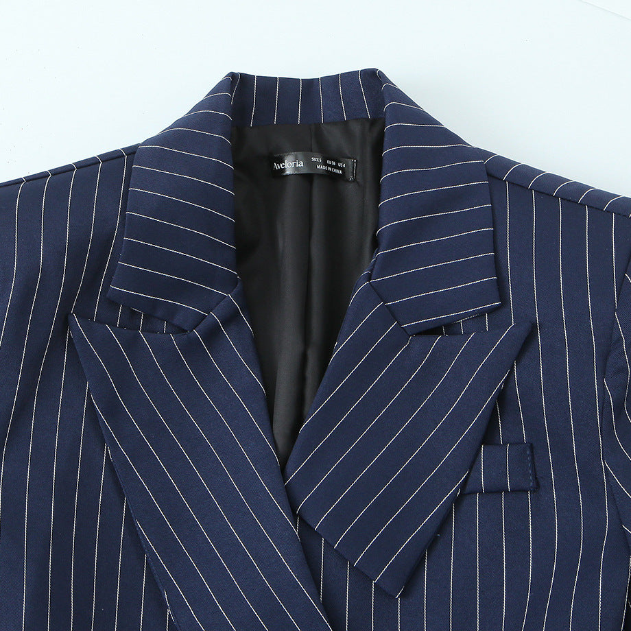 Women tailored pinstripe blazer with asymmetric lapel and flap pockets Mune Fashion