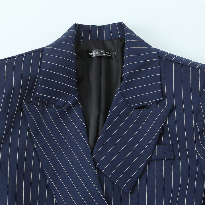 Women tailored pinstripe blazer with asymmetric lapel and flap pockets Mune Fashion