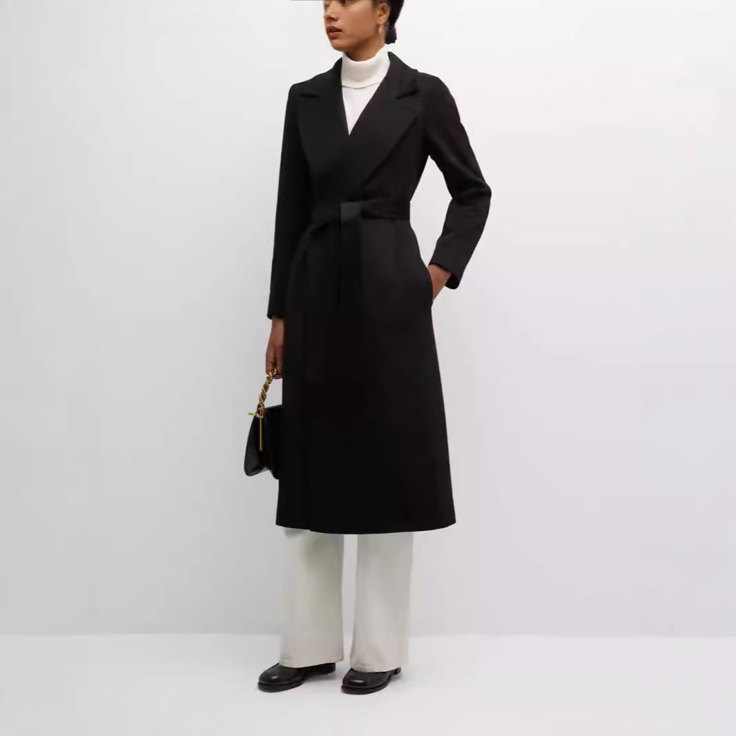 Women's Single-Breasted Mid-Length Coat in Clean-Cut with Waist Belt and Discreet Flap Pocket Mune Fashion