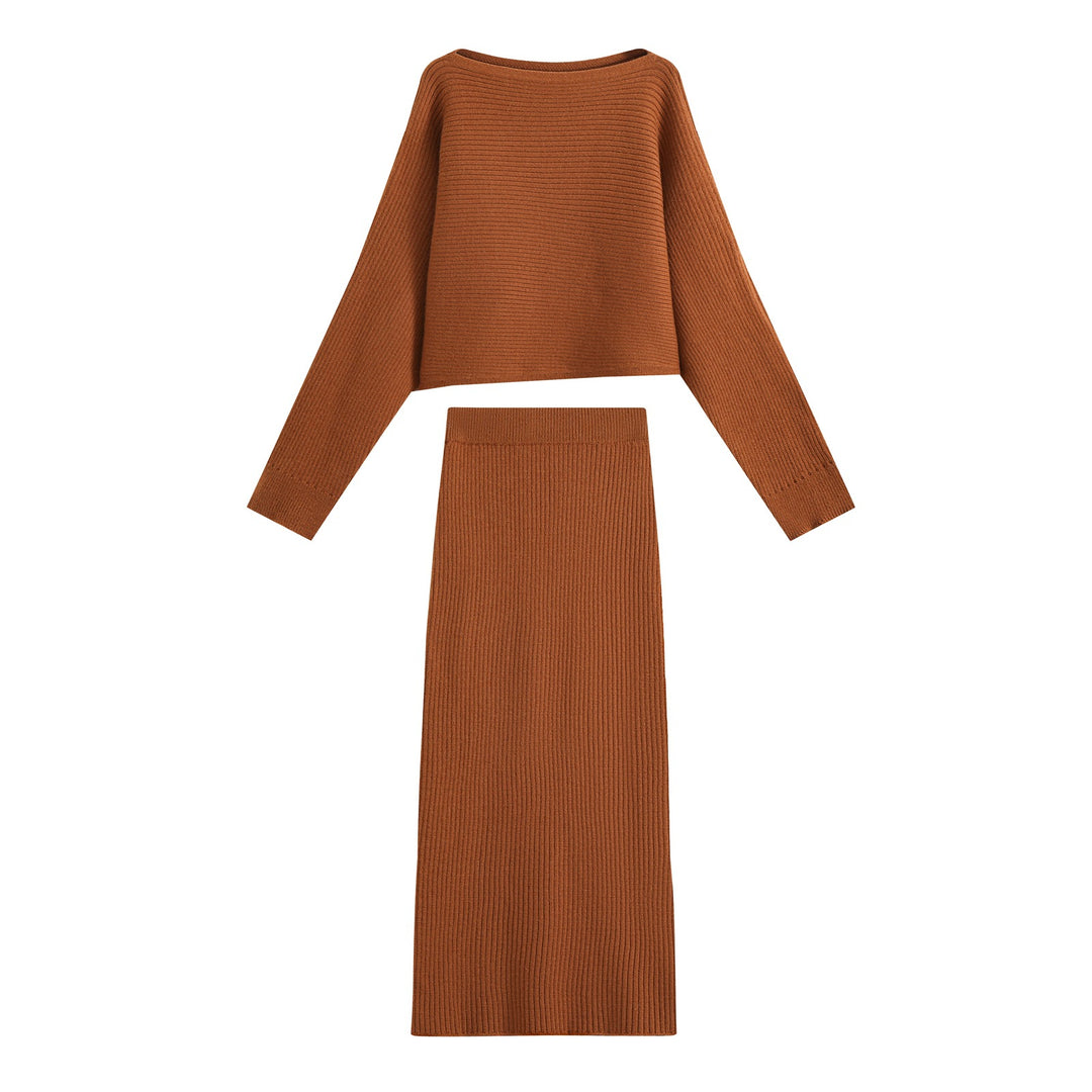Women's Two-Piece Ribbed Knit Set with Short Sweater and Midi Skirt Mune Fashion
