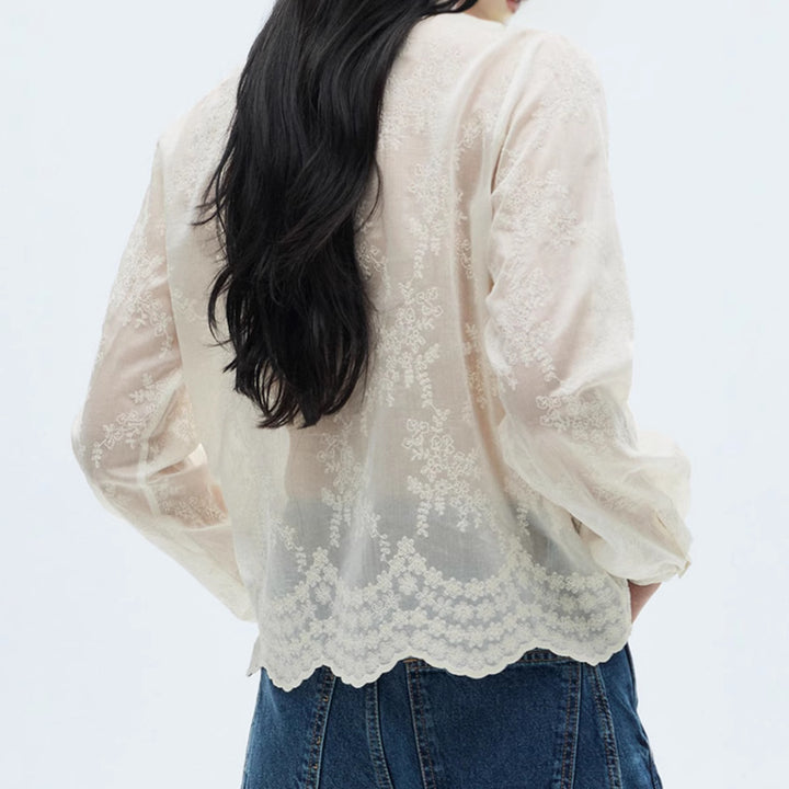 Women Transparent Embroidery Blouse with Stand Collar, Volume Sleeves and Curved Hem