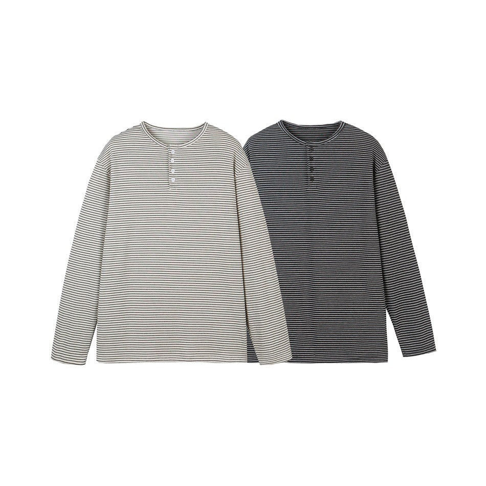 Unisex Striped Henley Long Sleeve Shirt in Oversize Relaxed Fit with Button Placket Mune Fashion