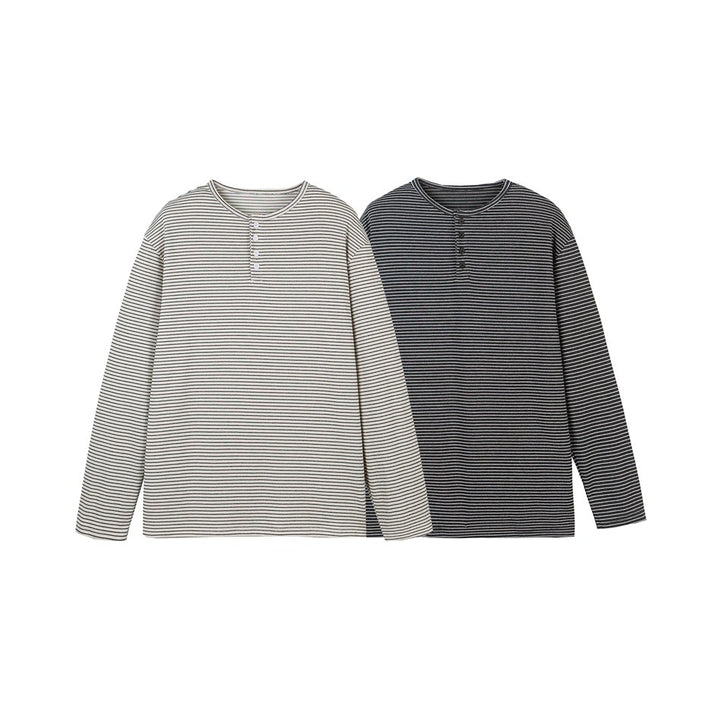 Unisex Striped Henley Long Sleeve Shirt in Oversize Relaxed Fit with Button Placket Mune Fashion