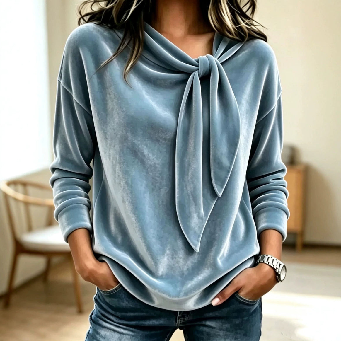 Women Draped Velvet Sweatshirt with Knot Shawl Collar Mune Fashion
