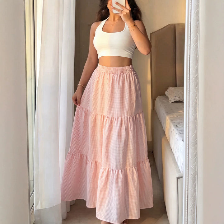 Ladies Pleated Maxi Skirt made of Cotton Gauze with Ruffled Waistband Mune Fashion