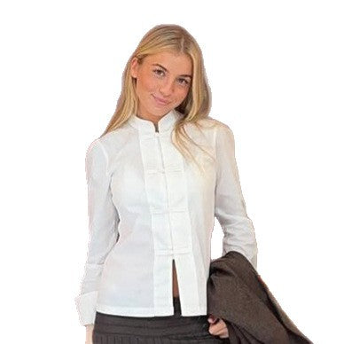 Ladies Tailored Mandarin Collar Blouse with Concealed Button Placket and Straight Hem Mune Fashion