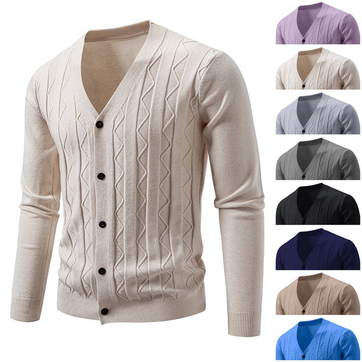 Men's V neck cardigan with subtle cable knit texture and continuous button placket Mune Fashion