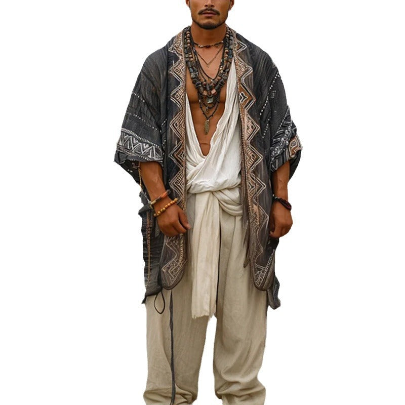 Men's Lightweight Boho Kimono Coat with Ethno Embroidery Mune Fashion