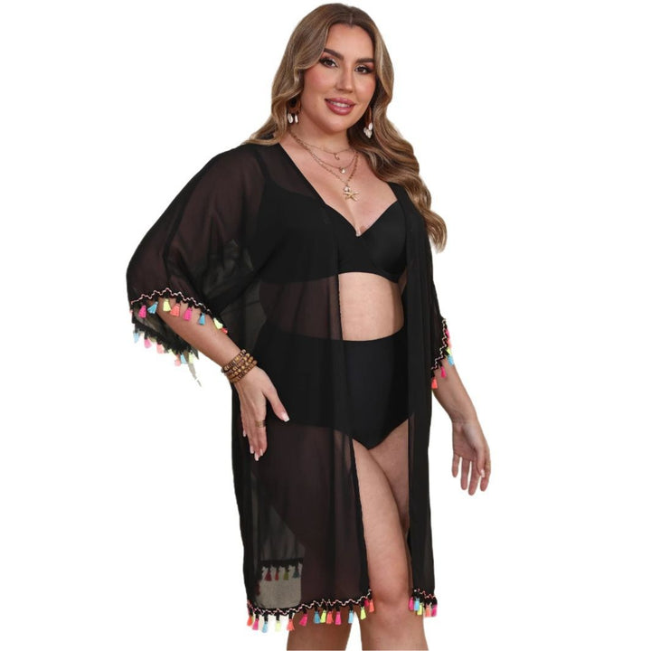 Women’s transparent beach cover-up with colorful tassel trim Mune Fashion
