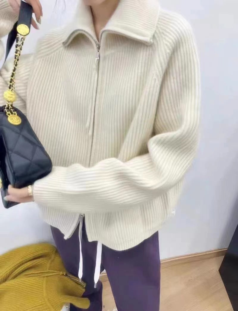 Women's Oversized Cardigan with Zipper, Stand-up Collar and Ribbed Structure Mune Fashion