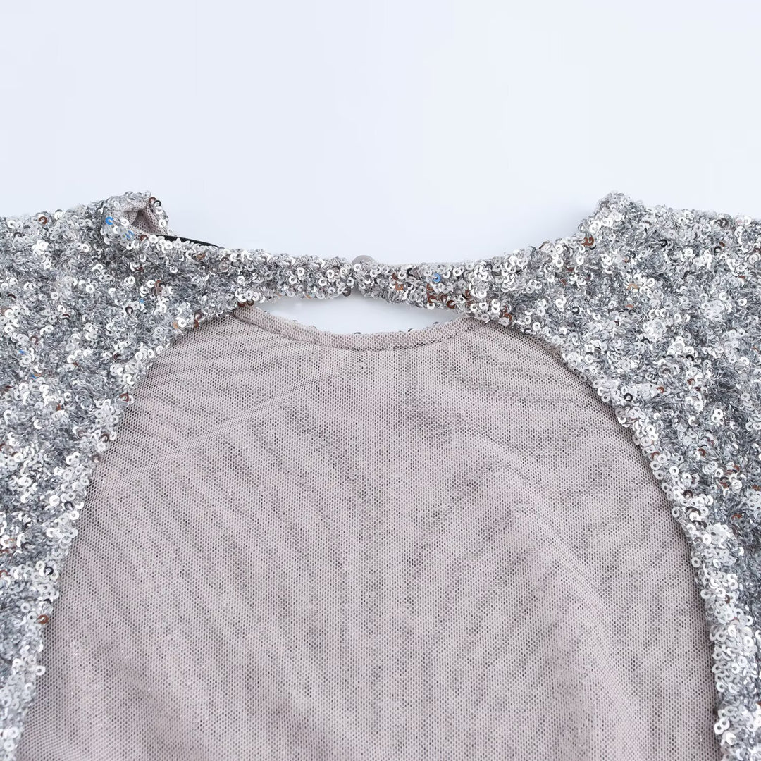 Women's Sequin Mini Dress with Long Sleeves and Boat Neck
