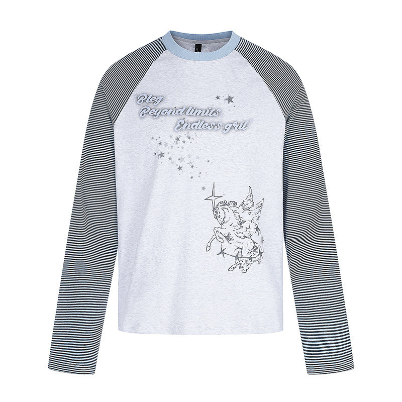 Women's raglan long sleeve shirt in astral motif with fine striped sleeves and relief print Mune Fashion