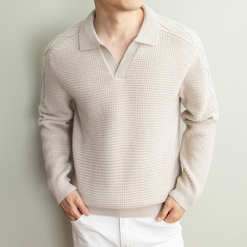 Men's polo sweater with textured waffle knit and cable pattern sleeves Mune Fashion