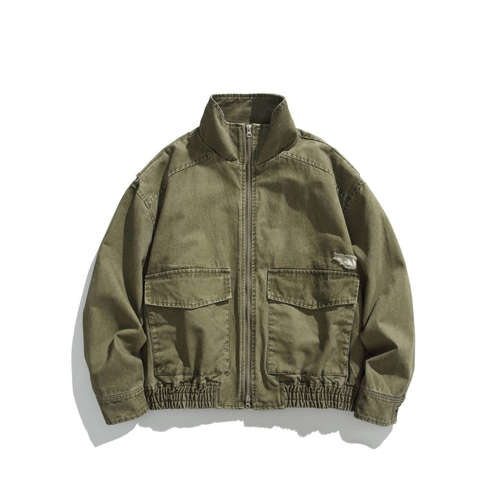 Unisex Short Jacket in Vintage Canvas with High Stand-Up Collar and Utility Pockets Mune Fashion
