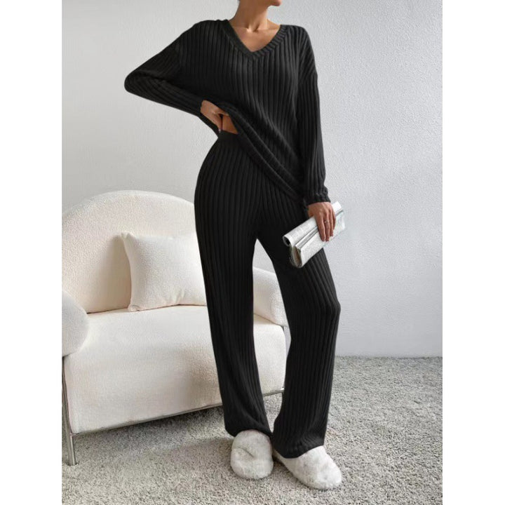 Women Cozy Ribbed Knit Loungewear Set with V-Neck and Wide Leg Mune Fashion