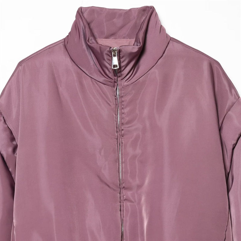 Women's short shiny bomber jacket with standing collar, tailored elastic waistband and concealed zipper Mune Fashion