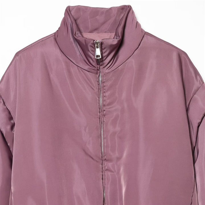 Women's short shiny bomber jacket with standing collar, tailored elastic waistband and concealed zipper Mune Fashion