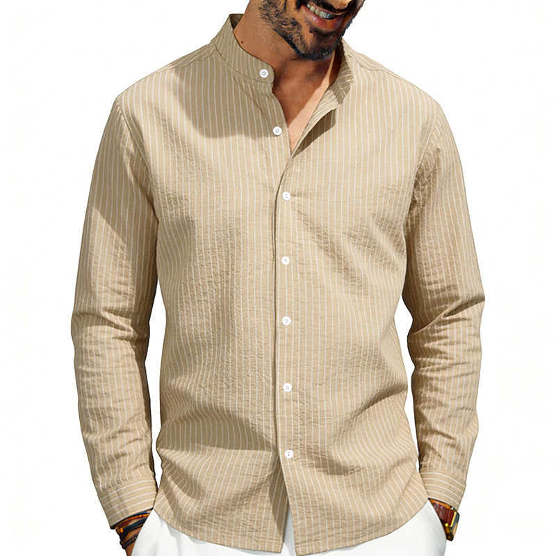 Men's striped stand-up collar shirt made of linen-cotton blend with button placket Mune Fashion