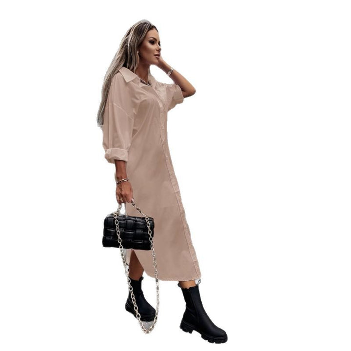 Women's Long Oversized Shirt Dress with Continuous Button Placket, Cuffed Sleeves and Deep Side Slit Mune Fashion