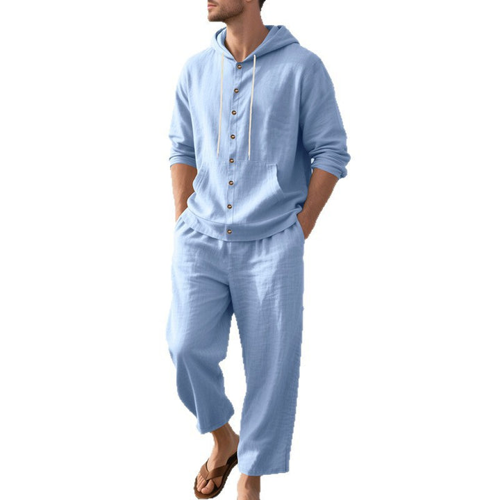 Men's casual linen-cotton ensemble with hooded top and full button placket, kangaroo pocket, and ankle-length wide trousers Mune Fashion
