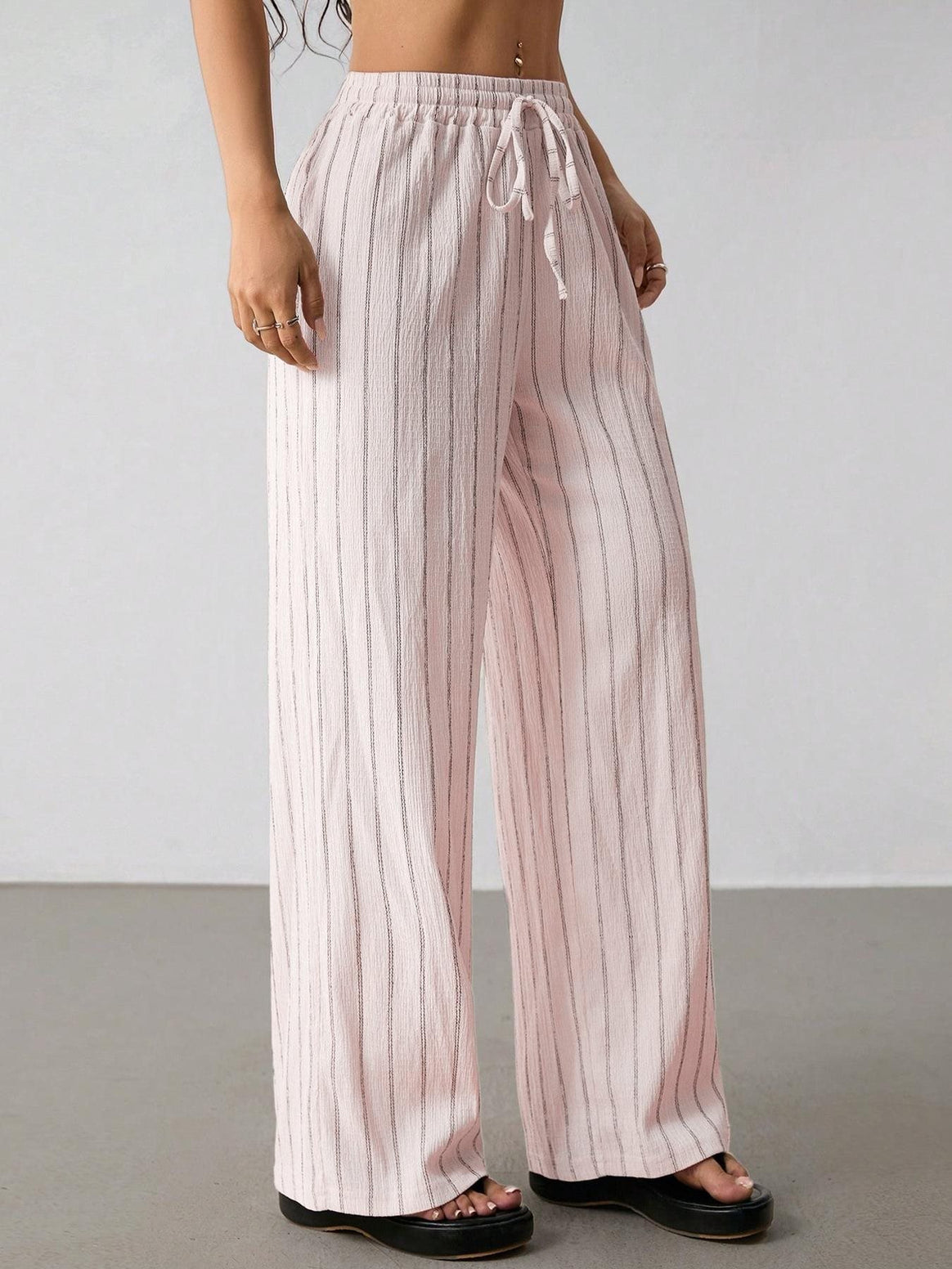 Women's Wide Knit Pants with High Waist and Drawstring Mune Fashion