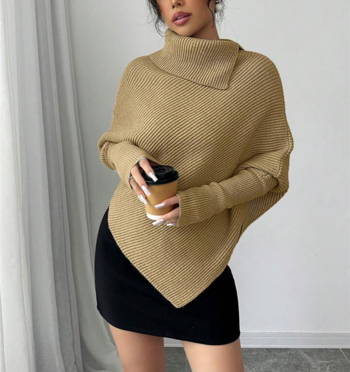 Women's Asymmetrical Rib Knit Poncho with High Roll Neck and Extended Sleeves Mune Fashion