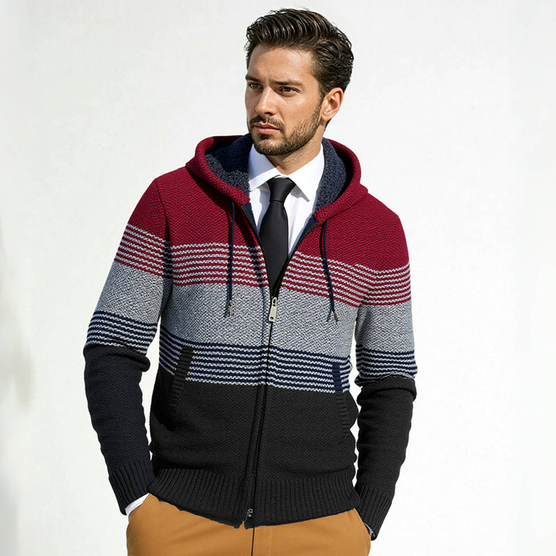 Men's hooded knit zip jacket with gradient block stripe pattern and thermal structure Mune Fashion