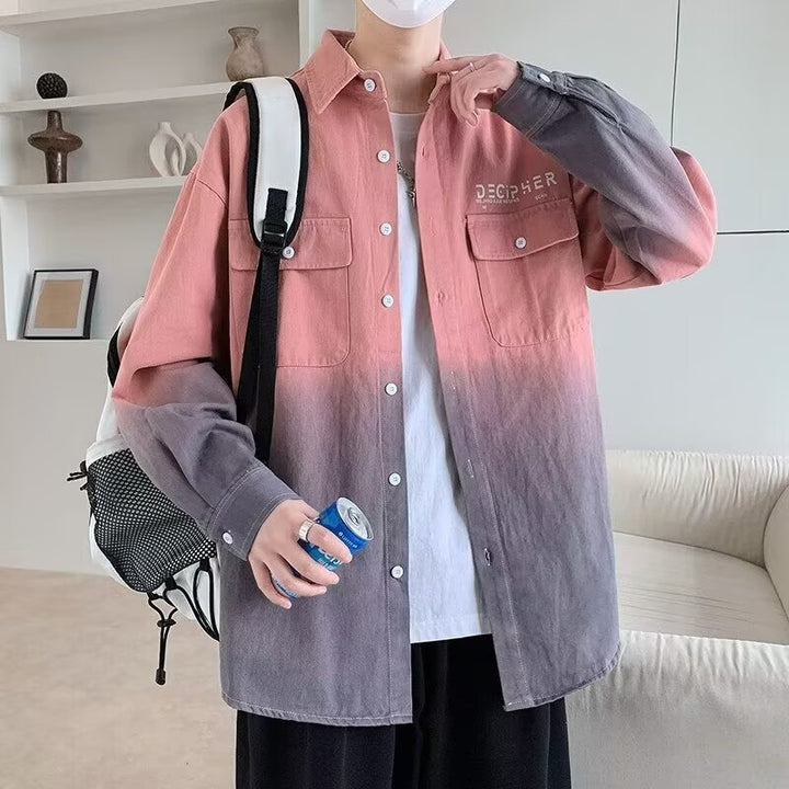Men's Oversize Dip Dye Cotton Shirt with Chest Pockets and Gradient Coloring Mune Fashion