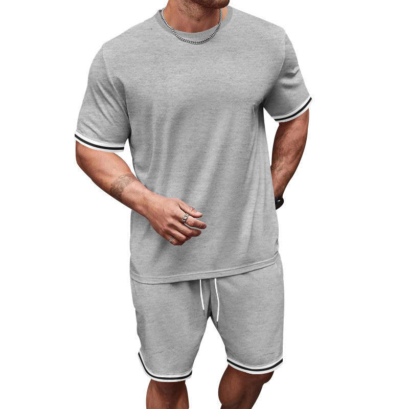 Men's casual jersey set consisting of short-sleeve shirt and bermuda shorts with contrasting stripes, elastic waistband, and insert pockets Mune Fashion