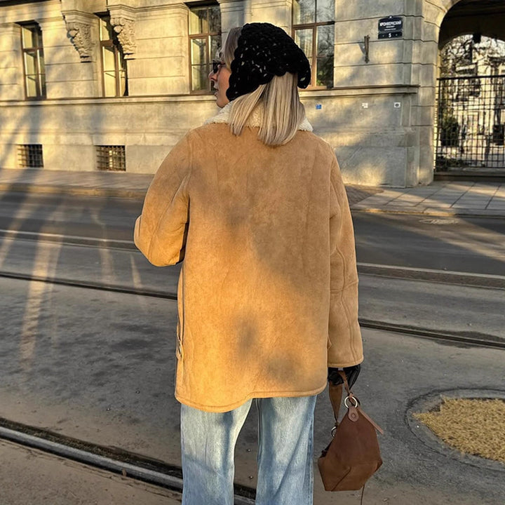 Women's Boxy Lambskin Look Coat with Folded Teddy Collar Mune Fashion