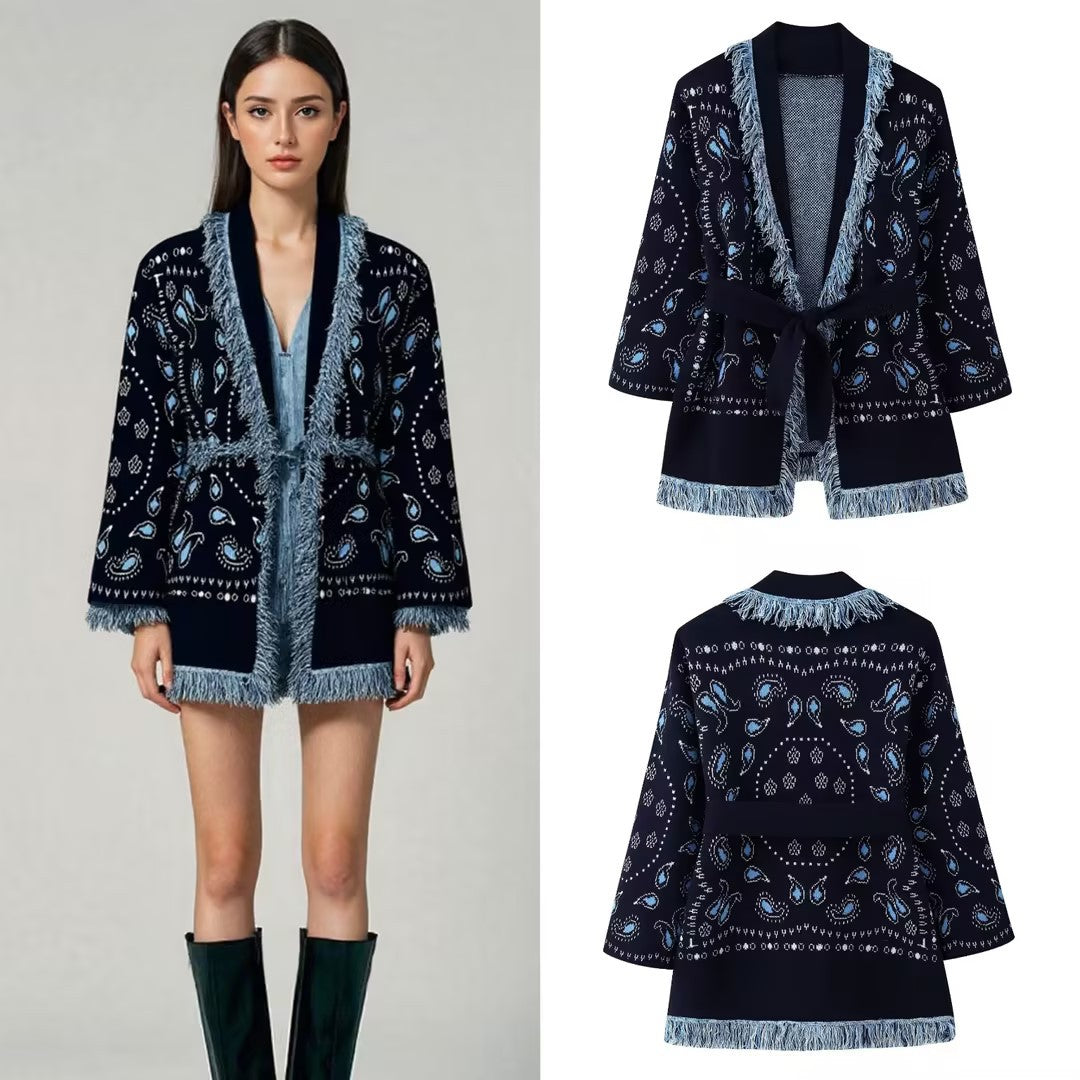 Women Fringe Kimono Cardigan with Paisley Jacquard and Tied Belt Mune Fashion